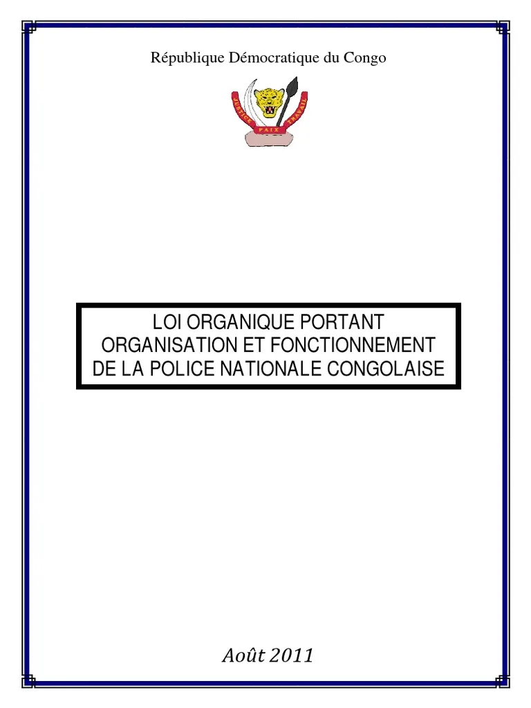 Couverture de LOI ORGANIQUE PORTANT  ORGANISATION ET FONCTIONNEMENT  DE LA POLICE NATIONALE CONGOLAISE